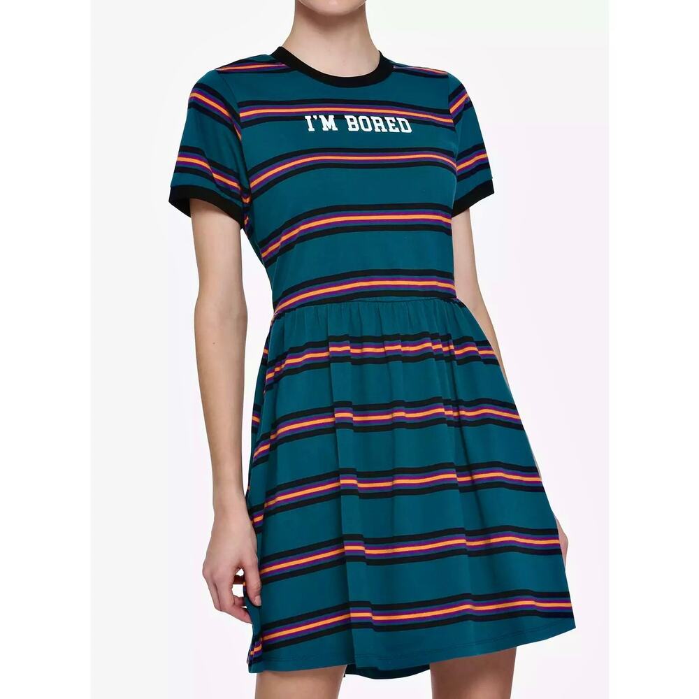 Hot Topic I'm Bored Striped Ringer Dress 100% Cotton Knit Teal Indie Twee Skater